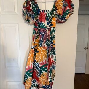 FARM Rio Multicolor Tropical Puff-Sleeve Tiered Midi Dress